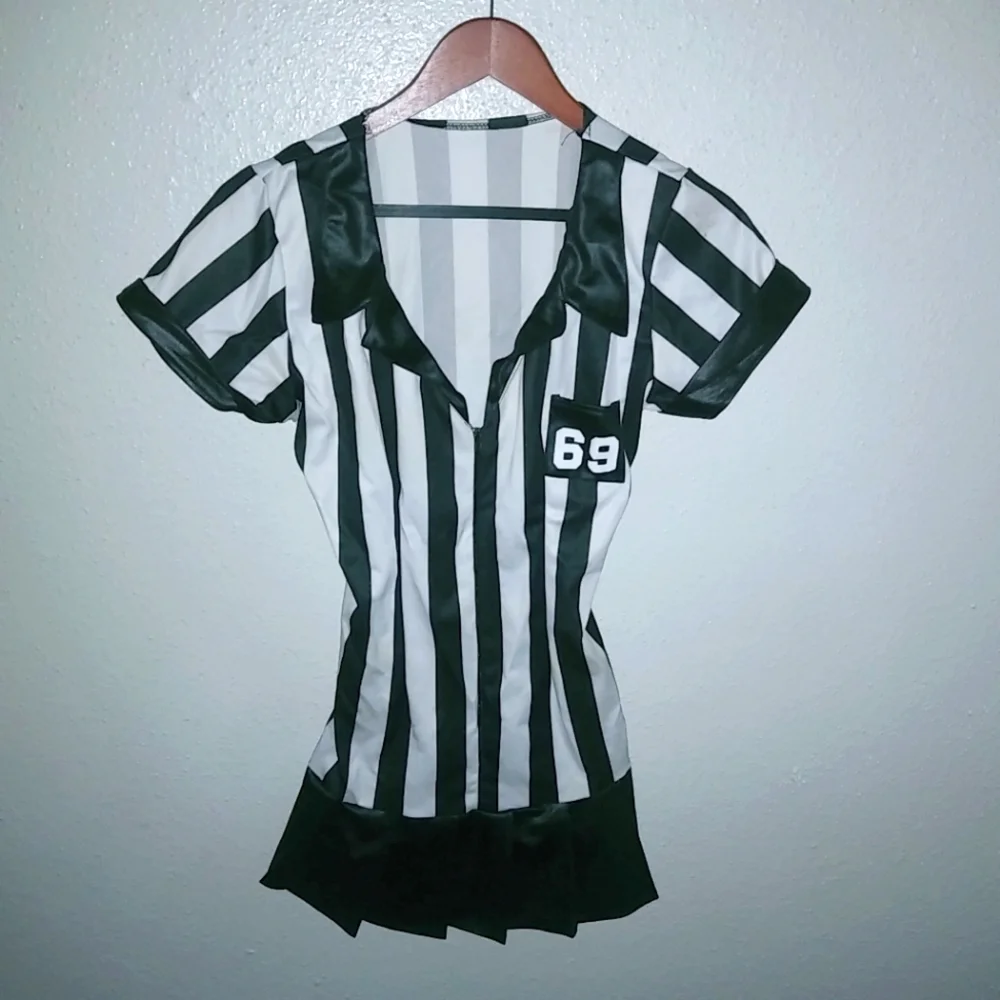 Leg Avenue S Referee Costume Zip Front Striped Dress in Black n White - Picture 2 of 8